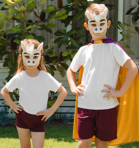 Young girl and boy wearing the Brisbane Broncos NRL Mask and Youth Supporter Cape