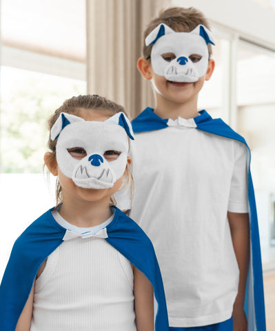 Girl and boy wearing the Canterbury Bulldogs NRL mask and youth supporter cape