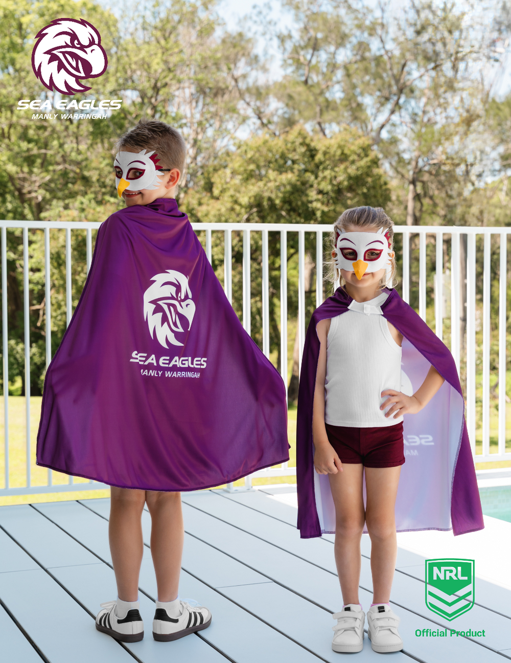 Girl and boy wearing the Manly Warringah Sea Eagles NRL mask and youth supporter cape