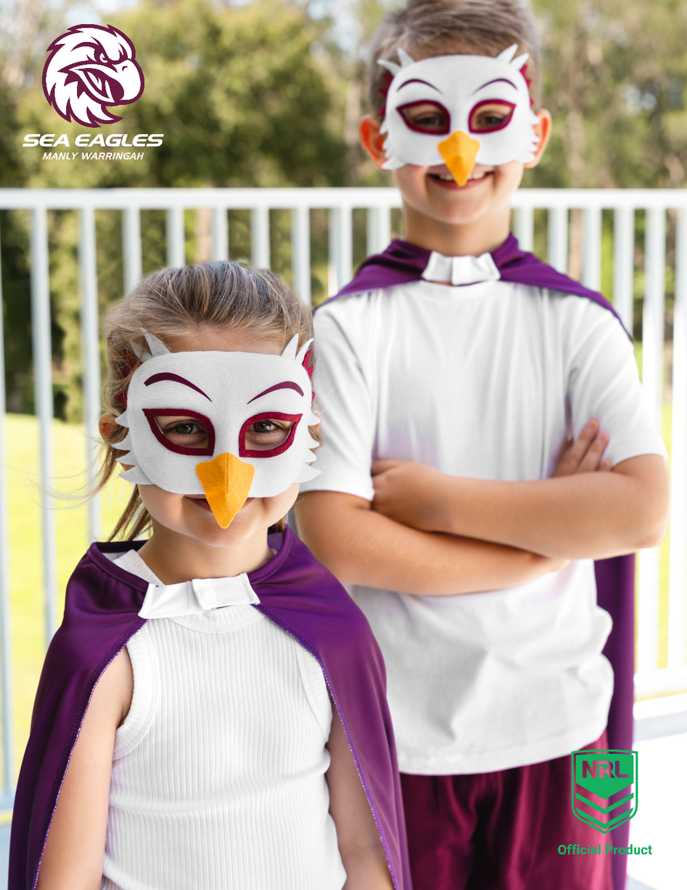 Girl and boy wearing the Manly Warringah Sea Eagles NRL mask and youth supporter cape