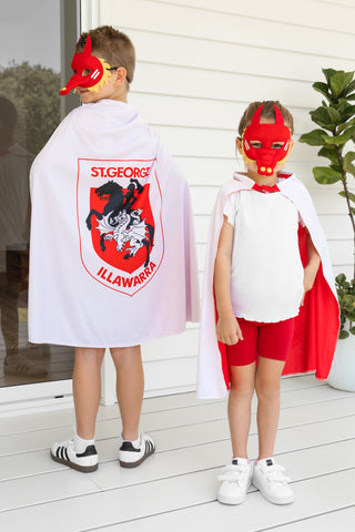 Boy and girl wearing the St. George Illawarra Dragons NRL mask an youth support cape