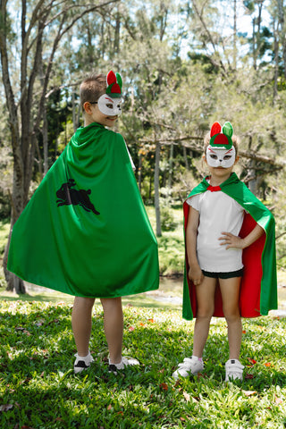 boy and girl wearing the South Sydney Rabbitohs NRL mask and youth supporter cape